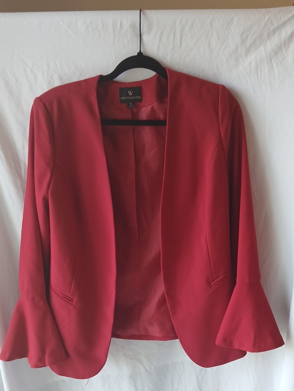 Worthington Red Open-Front Bell Sleeve Flare Blazer with Flounce Sleeves